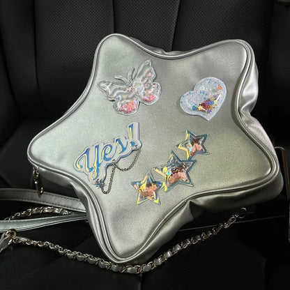 qgtao Y2k Star Shoulder Bag Silver Japanese Style Leather Bag Kawaii Messenger Bag Large Capacity Cute Girl Handbag Wallet New