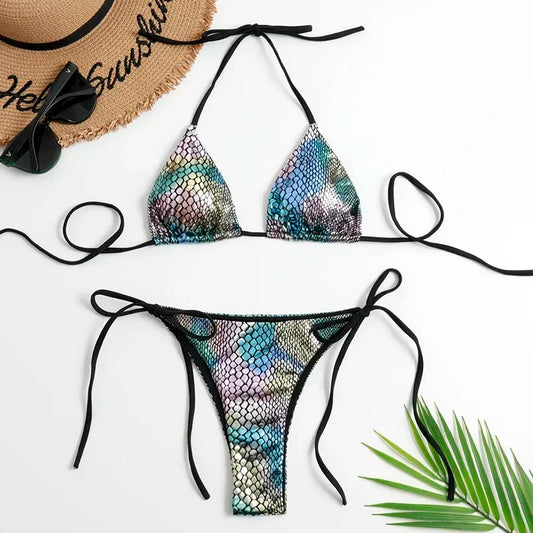 qgtao Fish Scales Shiny Halter Triangle Bikinis Set Swimwear Women Micro Thong Swimsuits Swimming Suit Biquinis Bikinis Mujer Swim