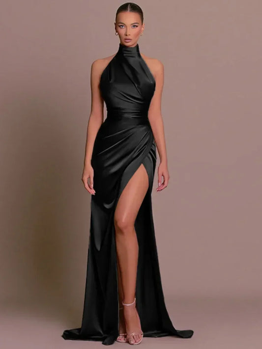 qgtao Elegant Luxury Party Evening Dress Sexy Women Sleeveless Long Halter Dress Fall Backless High Split Bodycon Maxi Dresses Black