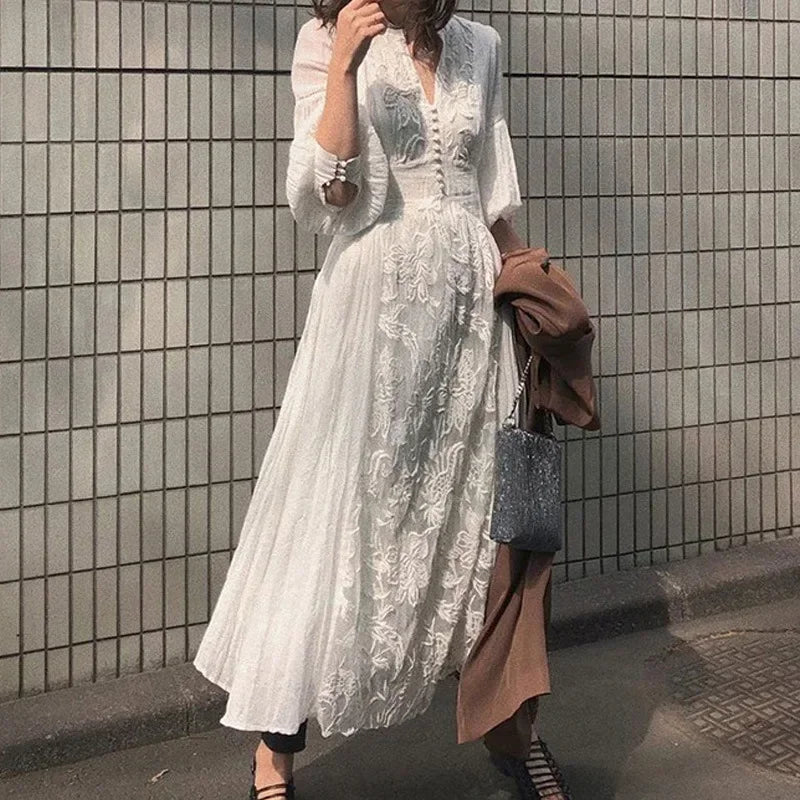 qgtao White Floral Embroidery Maxi Dress Vintage Boho Long Lantern Sleeve Dress Women V-neck Holiday Sexy Ladies Dresses