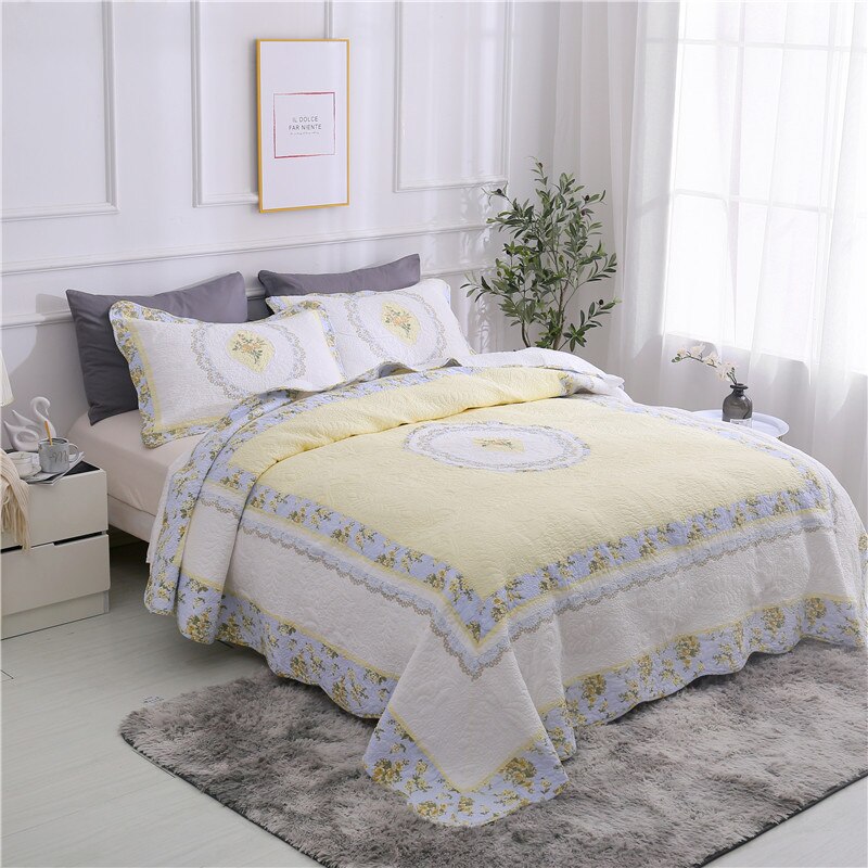 Yeknu 100% Cotton Yellow Daisy Quilt 3pcs Embroidered Quilted Quilt Pillowcase Free Shipping