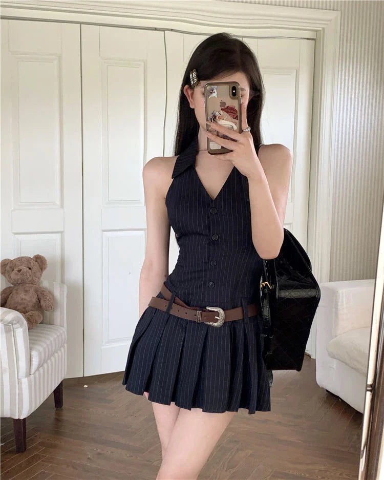 qgtao Striped Mini Women Pleated Dresses Sexy Backless Chic One Piece Short Dress Sleeveless Streetwear Y2k Hotsweet Dress