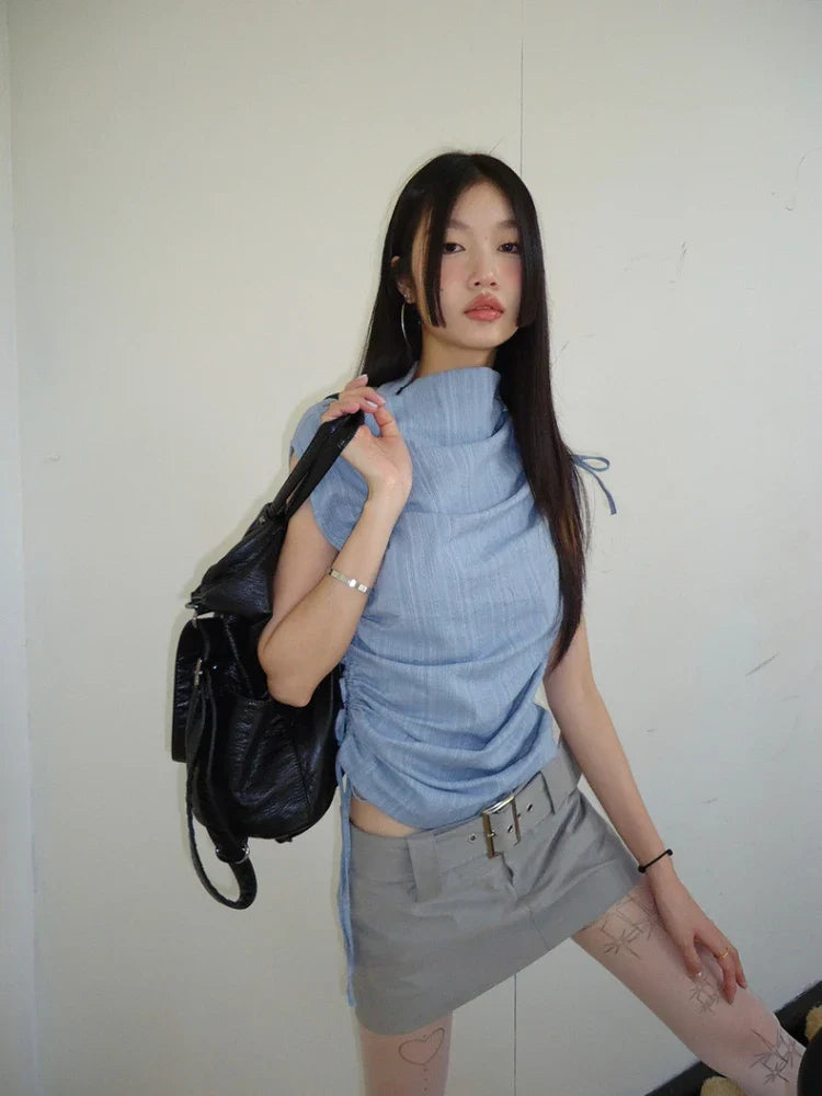 qgtao  -  Blue Sleeveless Tank Tops Women Striped Irregular T-shirts for girl Drawstring Lace Up High Neck Tees Hip Hop Streetwear