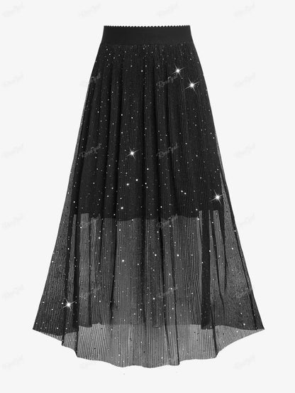 ROSEGAL Plus Size Sequins Pleated Skirt Women Black Fashion High Waisted Double-deck Skirts Ladies Streetwear Bottoms