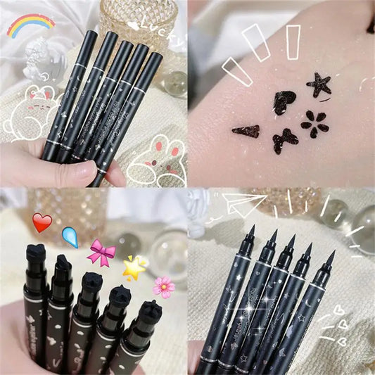 qgtao Double-Head Star Heart Flower Liquid Eyeliner Pen Black Stamp Eyes Makeup Quick Drying Eye Liner Pen Waterproof Cosmetic