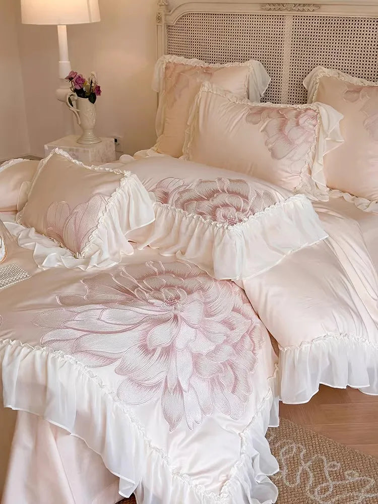 Yeknu Princess Long Stable Cotton Duvet Cover Set Four Piece Set French Flower Embroidery Quilt Cover Lace Bedding Set Bedsheets