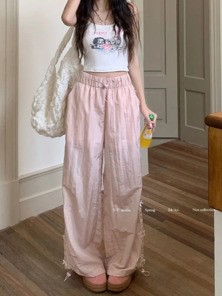 qgtao  -  Pink Sweet Y2k Parachute Pants Women Korean Style Coquette Baggy Joggers Bow Harajuku Kawaii Cute Wide Trousers Casual