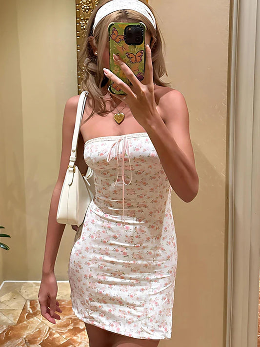 qgtao Sexy Strapless Print Floral Women Dress Pink Off Shoulder Lace Up Mini Dress Female Summer Skinny Casual Streetwear 2024