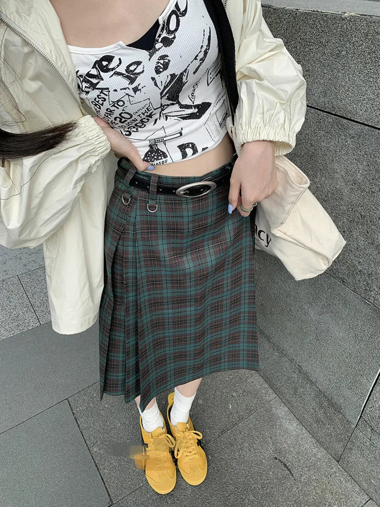 qgtao Korean style Preppy Fashion Vintage Plaid Summer Women Midi Skirt High Waist Pleated A-line Temperament Loose Y2K Skirt