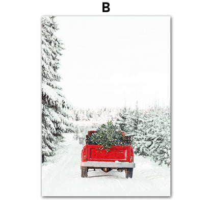 Christmas Red House Squirrel Deer Pine Tree Wall Art Canvas Painting Living Room Decoration Posters Prints Home Wall Pictures
