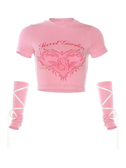 qgtao  -  Y2K Crop Top Women Summer Aesthetic T Shirt Female Pink Sweet Short Sleeve Tee Ladies Harajuku Graphic Fashion Camisetas Mujer