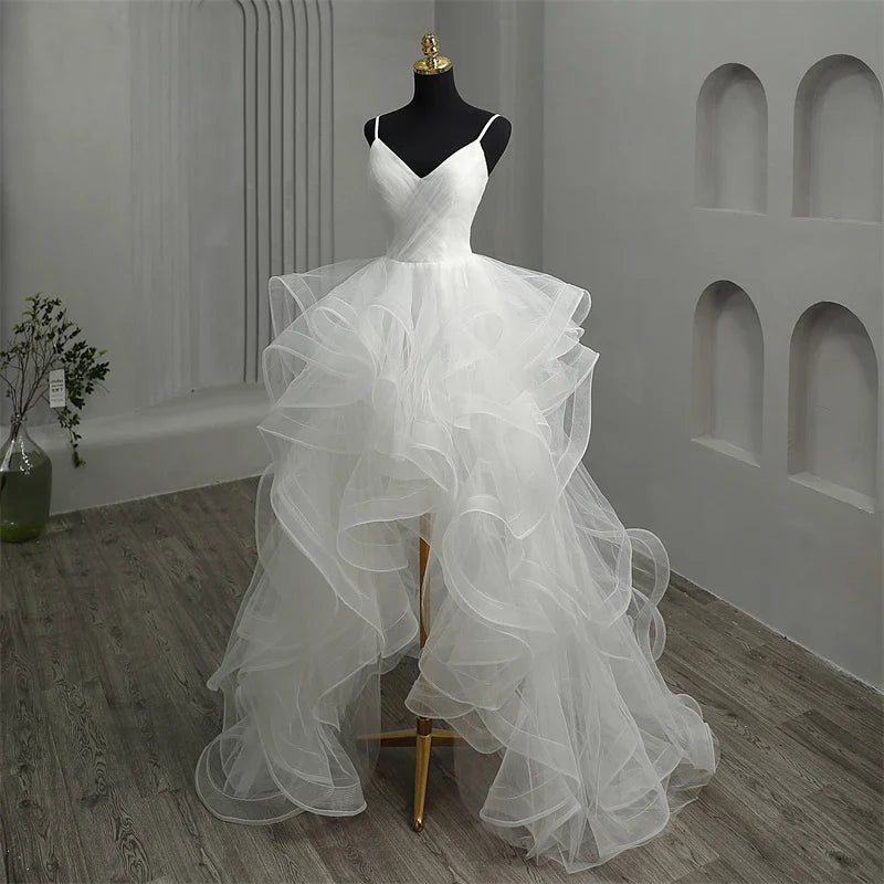 qgtao New Short Front Long Back Gothic White Wedding Dresses Spaghetti Straps Deep V Neck High-low Bridal Gowns Custom Color