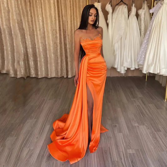 qgtao Line Sexy High Split Prom Formal Evening Dress Strapless Sleeveless Court Train Satin with Slit Pure Color robes de soirée