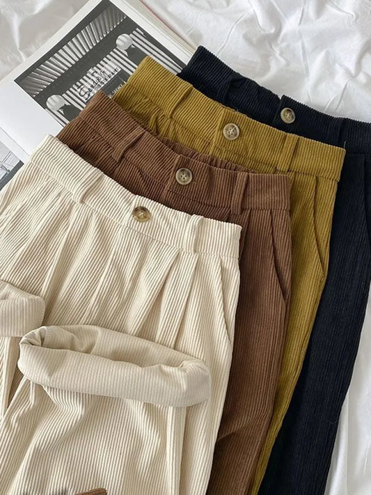 qgtao High Waist Women Retro Corduroy Pants Fall Straight Causal Full Length Trousers Vintage Coffee Pockets All Match Pants New