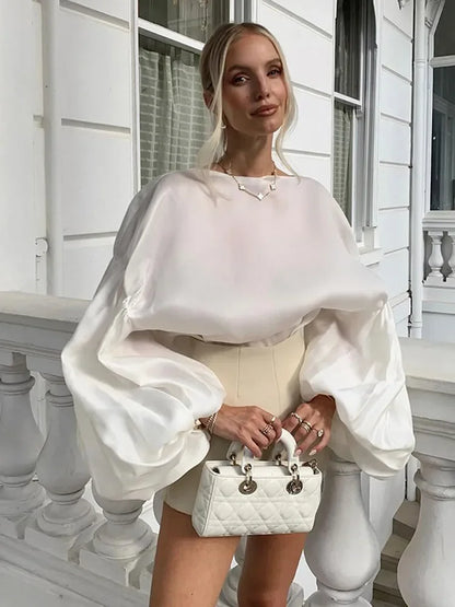 qgtao  -  Women's Elegant Chiffon Lantern Sleeve Blouse For Women Fashion  Solid Color O Neck Loose Large Fit Tops Commuter Streetwear