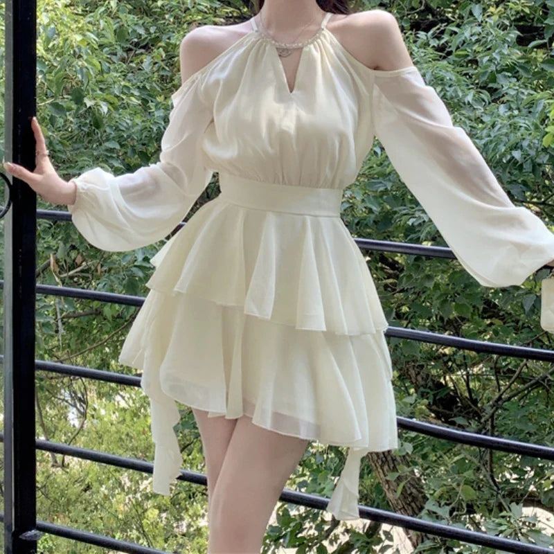 qgtao Elegant Luxury Dresses for Women Fairycore Casual Chiffon Dress Sweet Short Skirt Fashion Summer White Mini Dress Slim