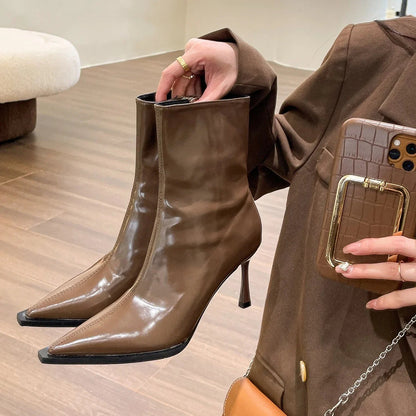 qgtao Women Thin High Heels Short Boots 2024 New Fashion Pointed Ankle Boots Ladies Autumn Winter Leather Side Zipper Sexy Party Pumps