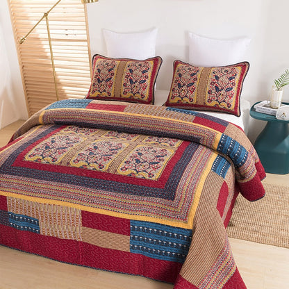 Yeknu Vintage Quilt Set 3PCS Patchwork Bedspread on the Bed Cotton Coverlet King Size Quilted Blanket on Bed Comforter