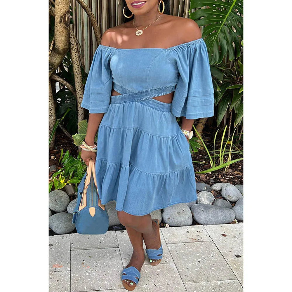 qgtao Plus Size Blue Daily Denim Off Shoulder Hollowed Out With Pocket Midi Dresses