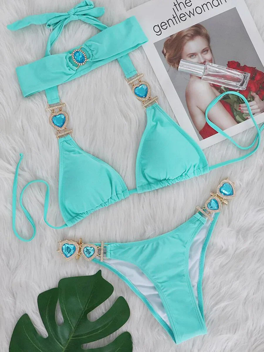 qgtao 3PCS Halter Jewelled Diamond Bikini Women Swimsuit Female Brazilian Swimwear Three pieces Bikini set Hairband Bathing Suit Swim