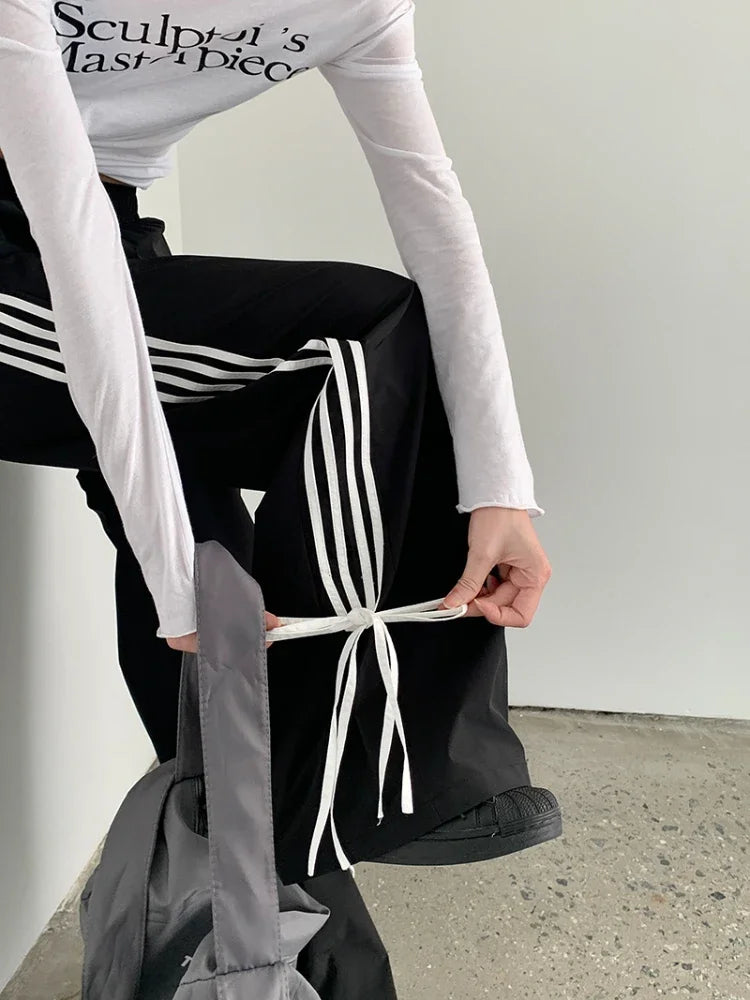 qgtao  -  Sports Stripe Baggy Pants Women Y2k Fashion Cutecore Bow Straight Wide Leg Sweatpants Streetwear Korean Causal Joggers