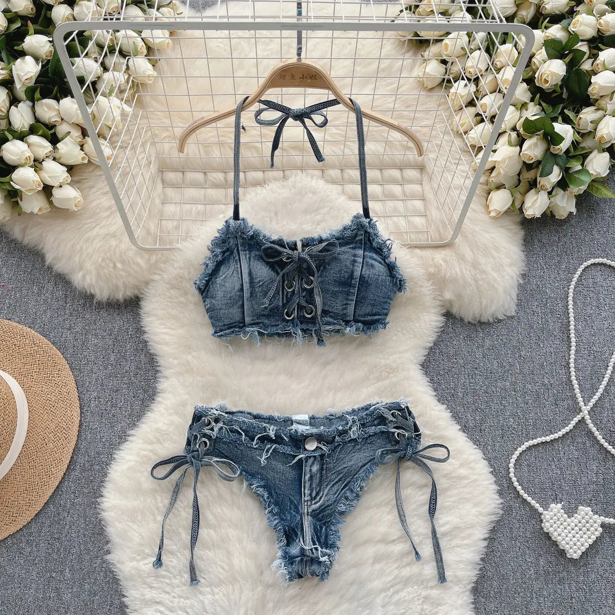 qgtao 2024 Women's Bikinis Set Summer Sexy Denim Strap Bra Vest and Low Waist Shorts Bathing Suit Swimsuit  Swimwear