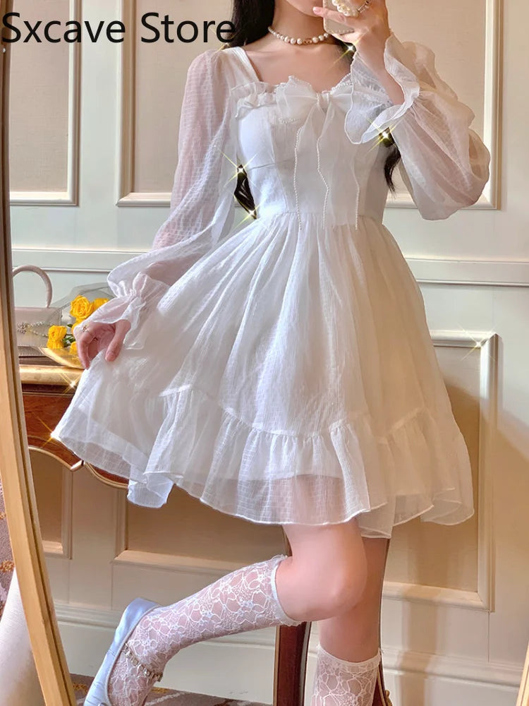 qgtao French Sweet Fairy Lolita Dress Women Long Sleeve Lace Y2k Mini Dress Vintage Kawaii Clothes One Piece Dress Korean 2023 Summer