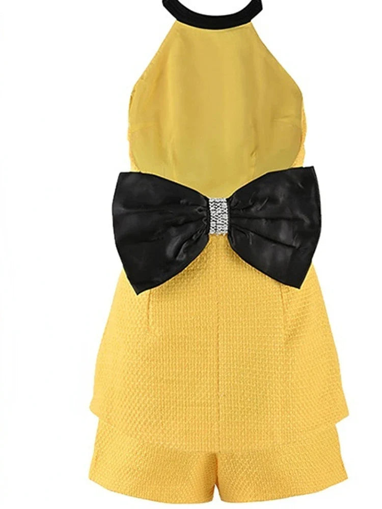 qgtao Fashion Vintage Hanging Neck Dress Women Summer High Quality Y2k Vestidos Yellow Backless Bow Top+Shorts Elegant 2 Piece Set