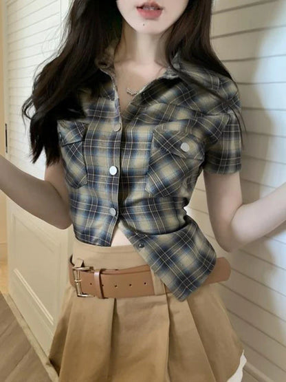 qgtao  -   Vintage Short Sleeve Plaid Shirt Women 90s Button Up Cardigan Blouse Female American Retro Sexy Cargo Tight Tops