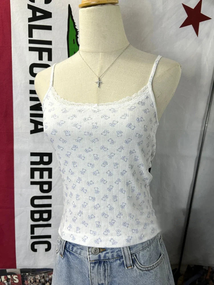 Little Bear Eyelet Cotton Vest Shorts Set Summer Sweet Bow Lace Camis Tops And Shorts Vintage Cute 2 Piece Sets Women Outfit New