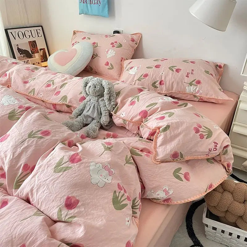 Yeknu Bedding Set Flora INS Girls 4 New Tulip Rabbit Double-layer  Bed Set Of Four Pieces Washing Cotton Bed Sheets Duvet Cover Set