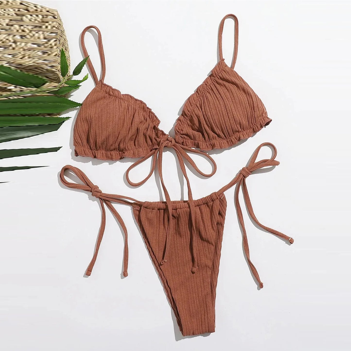 qgtao Fashion Woman Summer Bikini Set Solid Color Bandage Stretch Swimsuit 2024 New Swimwear Mini Thong Bikini Female Bathing Suit