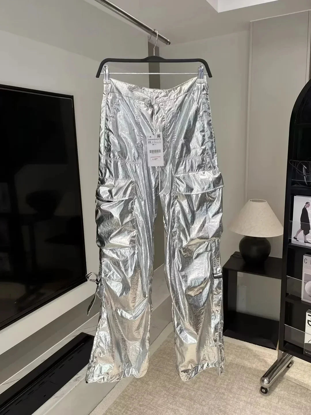 Silver Y2k Women's Pants Cargo 2024 Baggy Trousers Loose Oversize Vintage Streetwear Trendy Casual Stylish Chic Classic Mid Wasi