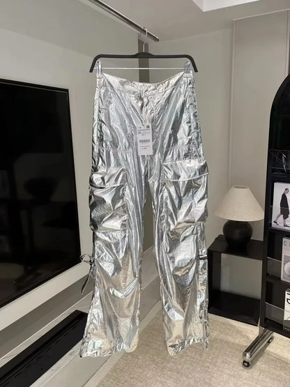 Silver Y2k Women's Pants Cargo 2024 Baggy Trousers Loose Oversize Vintage Streetwear Trendy Casual Stylish Chic Classic Mid Wasi