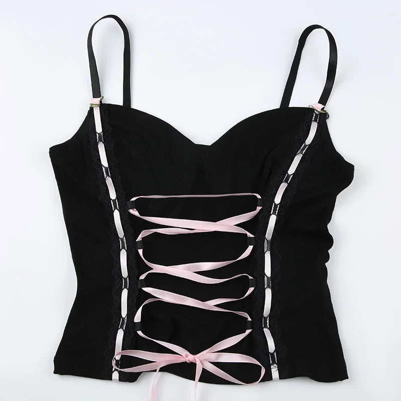 qgtao Y2K Sexy Corset Crop Tops Women Aesthetic Bandage Slim Tank Top Streetwear Harajuku Camis Backless Goth Punk Camisoles