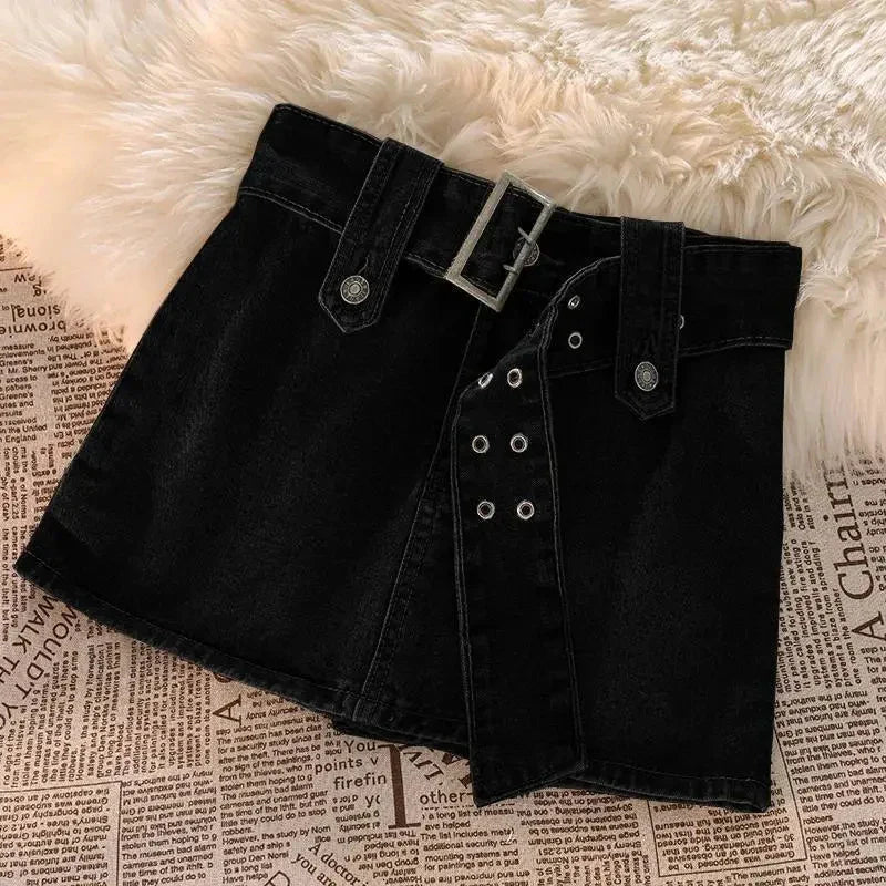 qgtao Vintage Denim Mini Skirts Women Summer Sexy Solid Belt Jeans Skirts Female Casual Ball Gown Korean Slim A Line Skirts