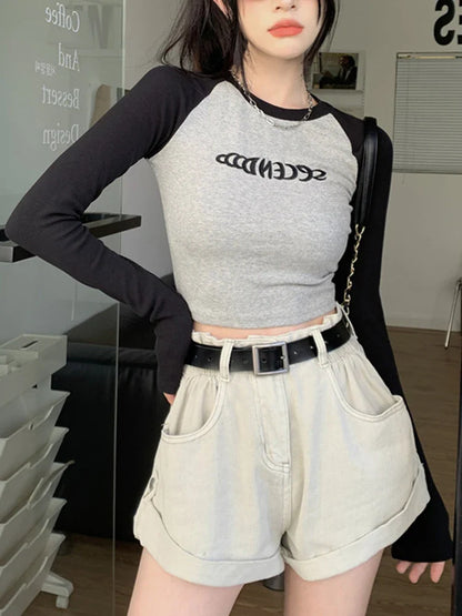 Patchwork Long Sleeve Tshirt Women Embroidery Crop Top Female Fashion O Neck Sexy Slim Tees Top Spring Ladies Basic T-shirts Y2K