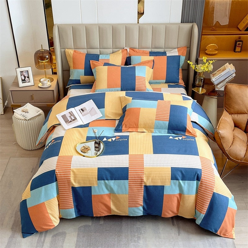 Yeknu 4pcs Autumn and Winter Thickening Soft Bedroom Bedding Set Home Textile Geometric Pattern Sheet Quilt Cover Pillowcase