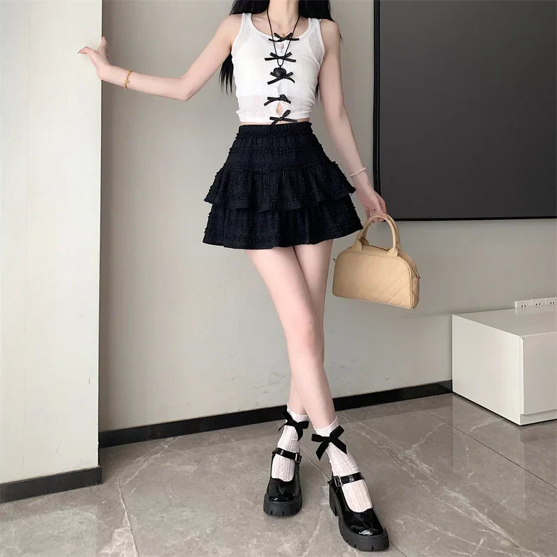 qgtao with Lining Prevent Exposure A Line Women Skirts Summer Solid Sweet Texture Sexy Mini Skirt Slim High Waist Skirt