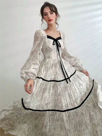 qgtao Elegant Floral Printed Midi Dresses for Women Lantern Sleeves Square Collar A-line Birthday Party Dress Autumn New Prom Robe