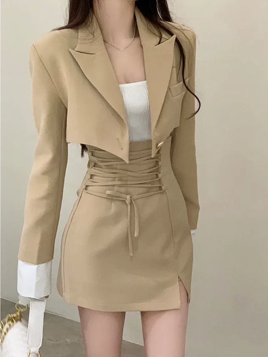 qgtao 2 Piece Dress Set Women Casual Y2k Crop Tops Elegant Jacket Coats + Mini Skirts Korean Fashion Suits 2024 Spring Blazers Dress