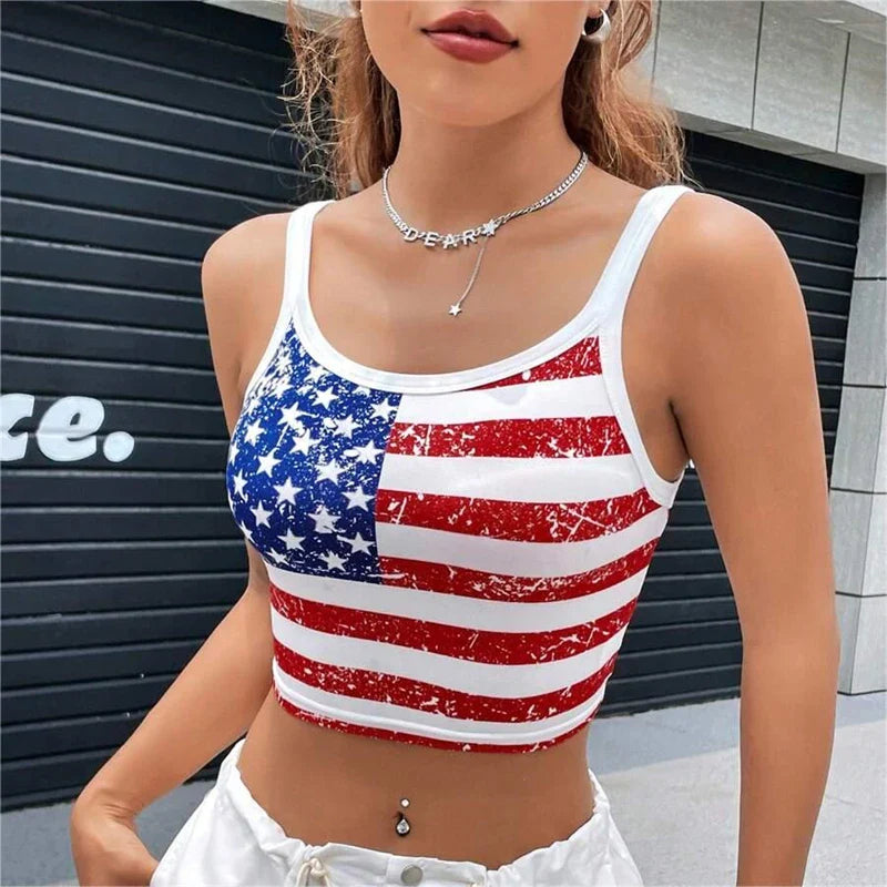 qgtao Gothic Punk New 2024 USA Flag Crop Top Sexy Backless Tank Slim Women's Mini Vest Summer Y2k Clothes Short White Camisole E-girls