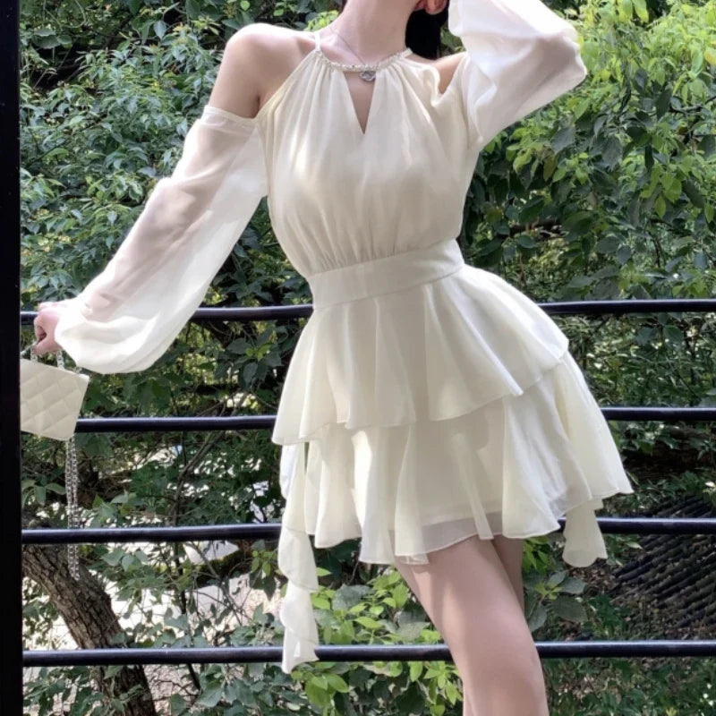 qgtao Elegant Luxury Dresses for Women Fairycore Casual Chiffon Dress Sweet Short Skirt Fashion Summer White Mini Dress Slim