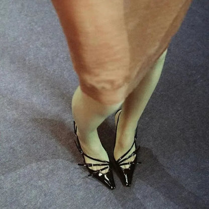 qgtao 2024 Summer New High Heels, Women's Sexy Hollow Black Silk Pointed One-line Buckle Skinny Heel Sandals, Women's Shoes