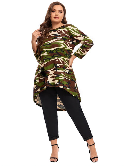 qgtao Plus Size Long Sleeve Camouflage Tunic Tops Long Loose Elegant  Autumn Hi Low Swing Blouse T-shirt Plus Size Clothing Women 6XL
