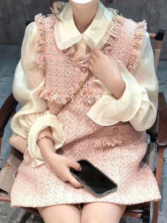 qgtao Fairy Sweet Two Piece Set Women Autumn Vintage Elegant Shirt Pink Cute Dress Set Casual Korean Style Formal Party Dress Set 2024