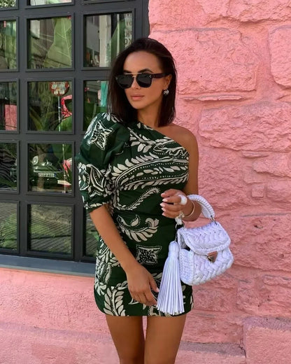 qgtao 2024 Women's One Shoulder Printed Short Mini Dress Womens Dresses Prom Elegant Pretty Evening Summer Woman Clothing