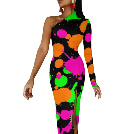 Neon Paint Long Dress Women Graffiti Splatter Print Party Maxi Dress Summer Long Sleeve Sexy Bodycon Dresses Side Split Clothes