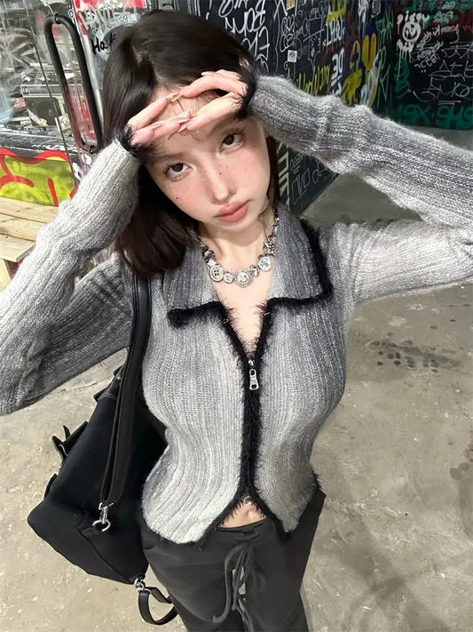 qgtao Y2K Grunge Gray Cropped Cardigan Women Harajuku Vintage Gradient Knitted Sweater Sexy Slim Autumn Winter Jumper 2000s
