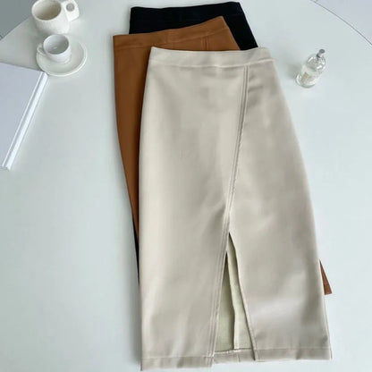 Simplicity Commute Solid Color Temperament Leather Skirts for Women Slim High Waist Split Sexy Bag Hip Skirts Female Clothing